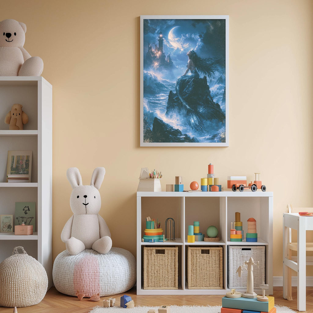 A cozy children's room with a large stuffed bunny, a bookshelf, and a toy castle. The walls are painted a light peach color, and there is a framed painting of a castle and moon above the bookshelf.