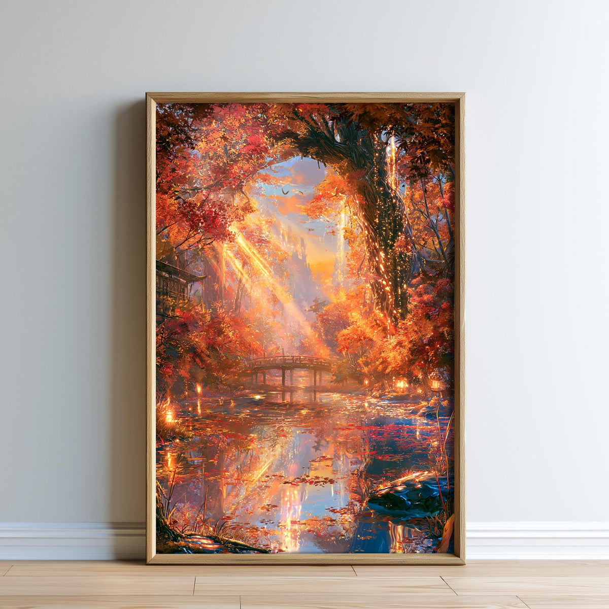 The image is a framed painting depicting a serene autumn landscape with a tranquil pond surrounded by trees and a bridge. The painting features a warm, golden glow from the trees and the sky, creating a peaceful and picturesque scene.
