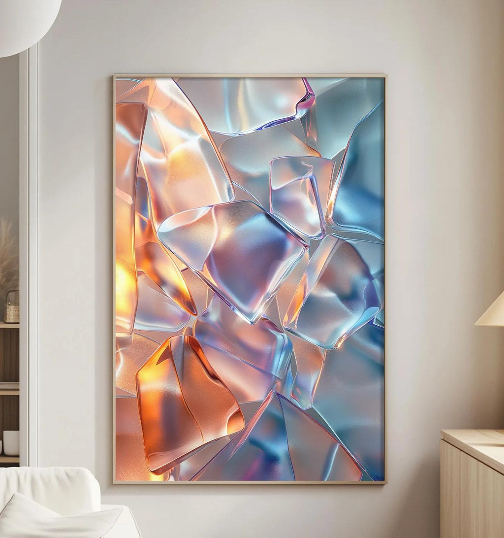 a modern living room with a large abstract painting hanging on the wall. The painting has a vibrant and colorful design, with a mix of orange, blue, and purple hues. The room is furnished with a white sofa, a wooden side table, and a lamp on a wooden cabinet. The overall aesthetic of the room is contemporary and minimalist, with a focus on clean lines and neutral colors.