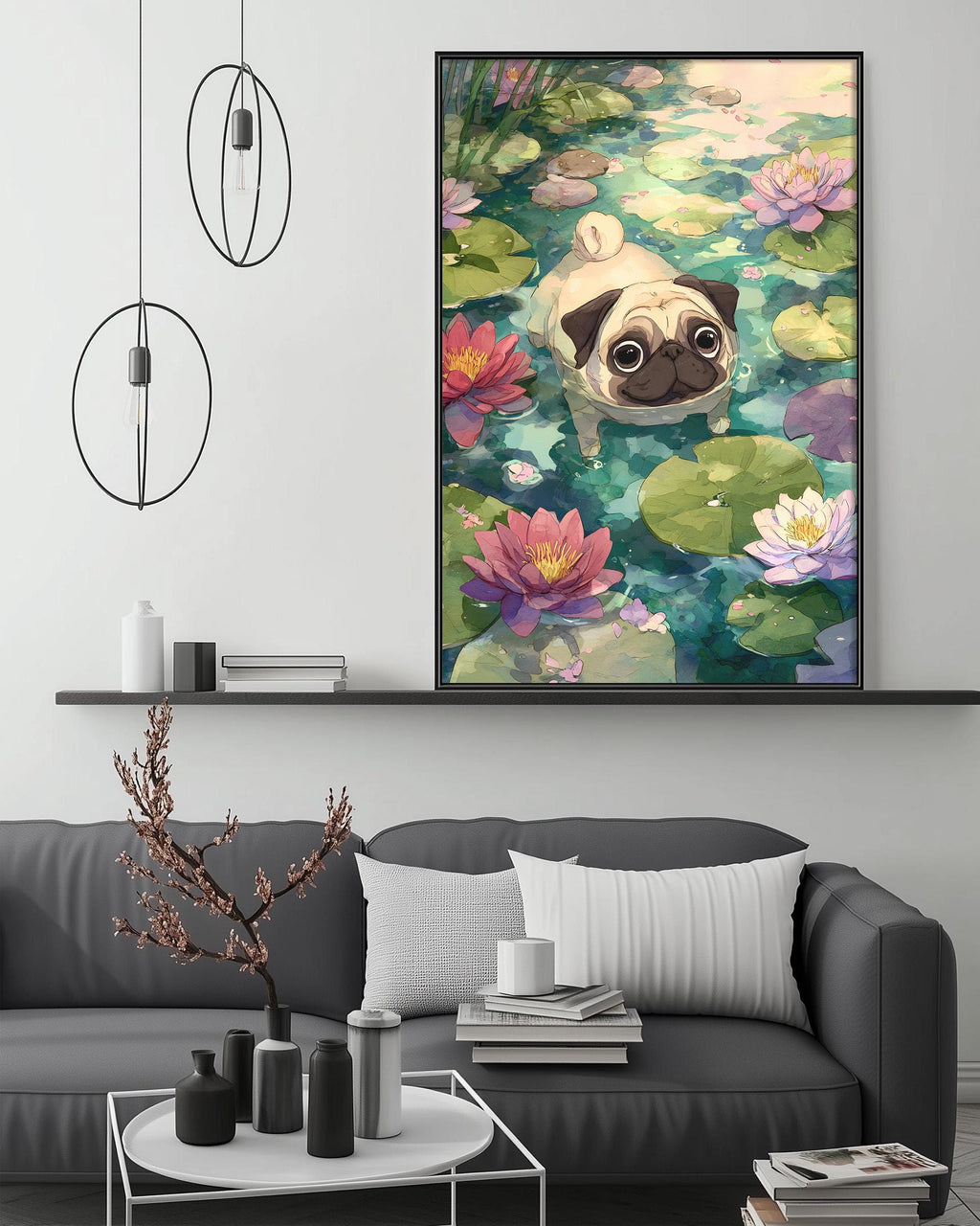 a cozy living room with a gray couch, a coffee table, and a large framed painting of a pug dog swimming in a pond filled with colorful lily pads.