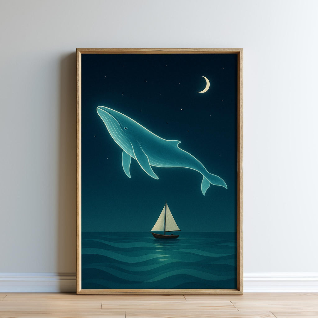 a serene night scene with a whale gracefully floating above a calm ocean, accompanied by a sailboat gently sailing on the water.