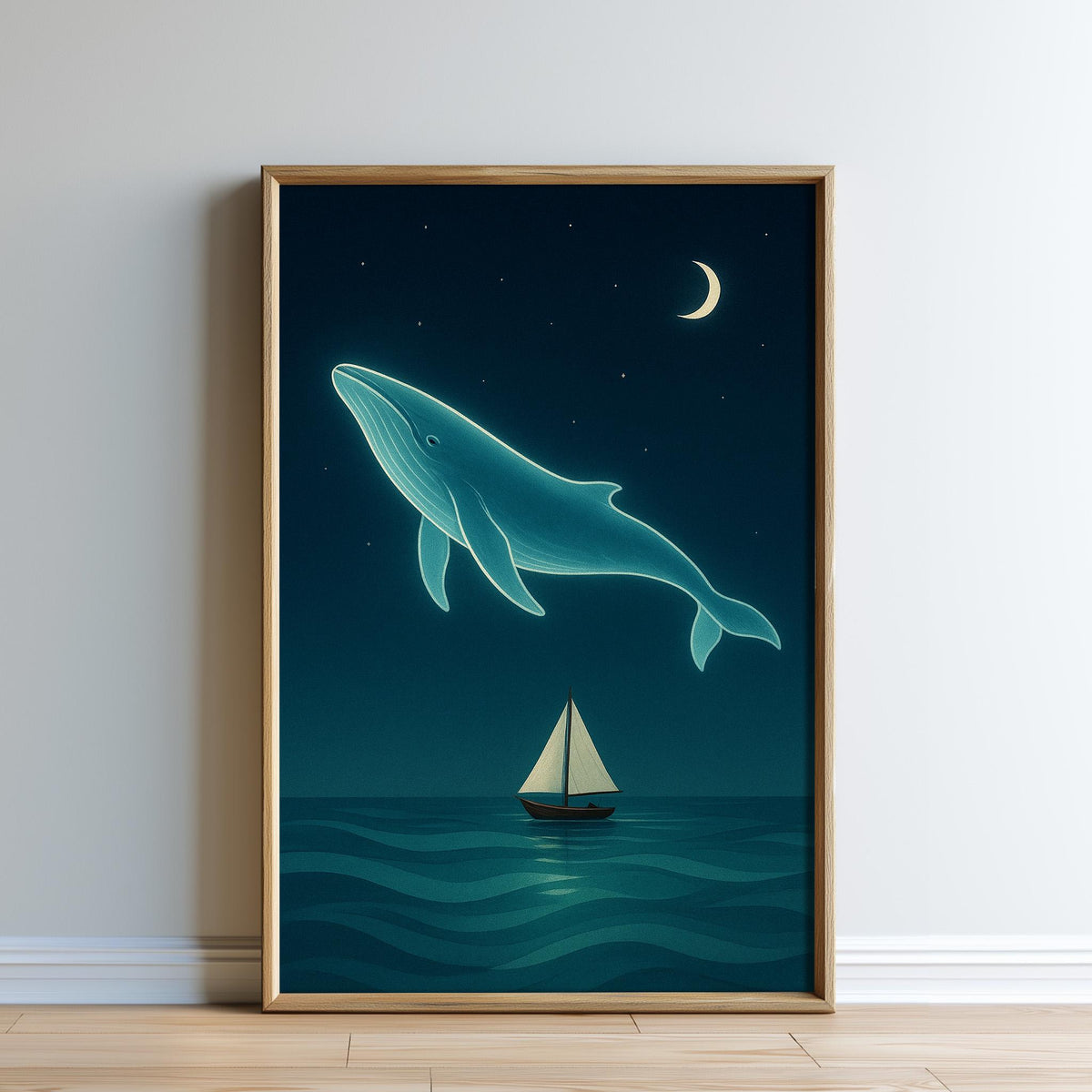 a serene night scene with a whale gracefully floating above a calm ocean, accompanied by a sailboat gently sailing on the water.