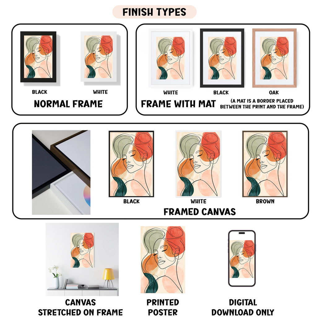 various finish types for a framed artwork, including a normal frame, a frame with a mat, a black frame, a white frame, a black frame, a white frame with a mat, a brown framed canvas, a stretched canvas, a printed poster, and a digital download only.