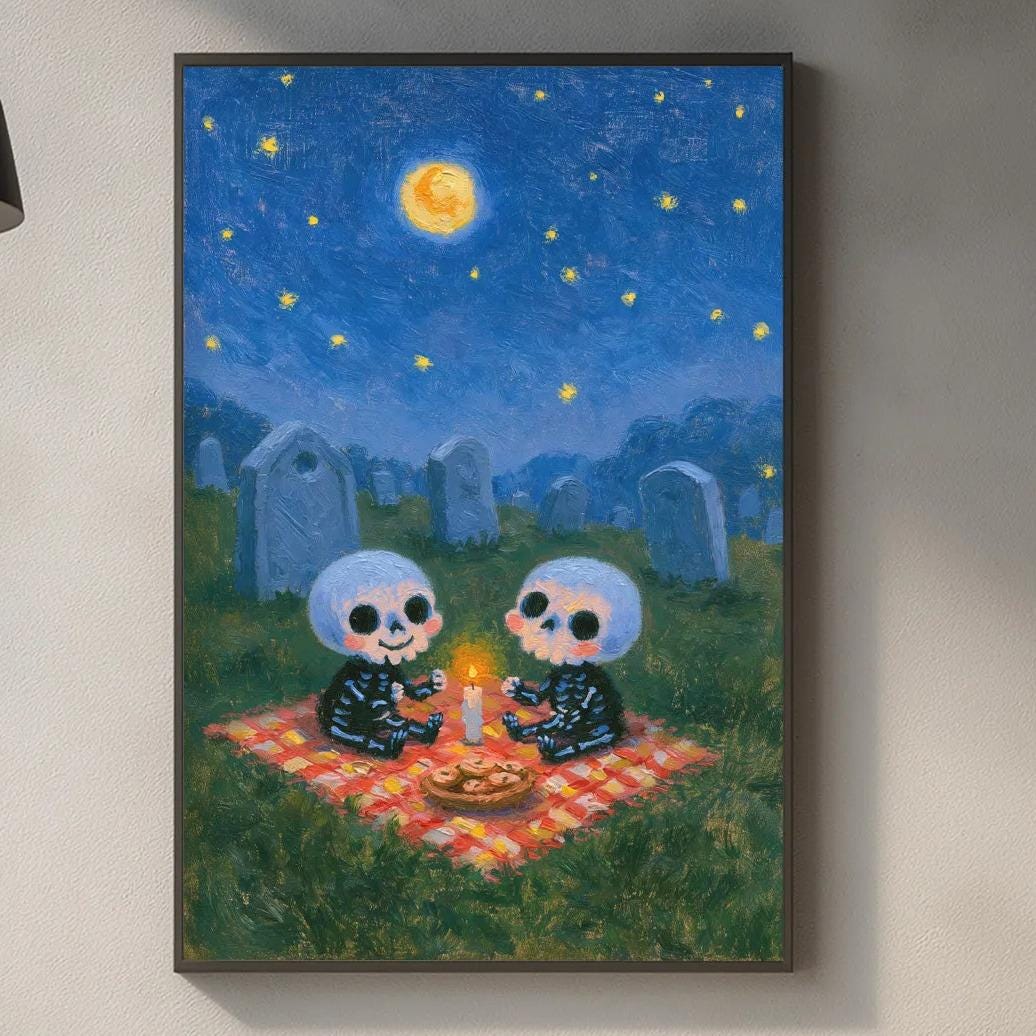 a kitchen scene with a framed painting of two skulls sitting on a blanket, surrounded by a night sky with a full moon and stars.