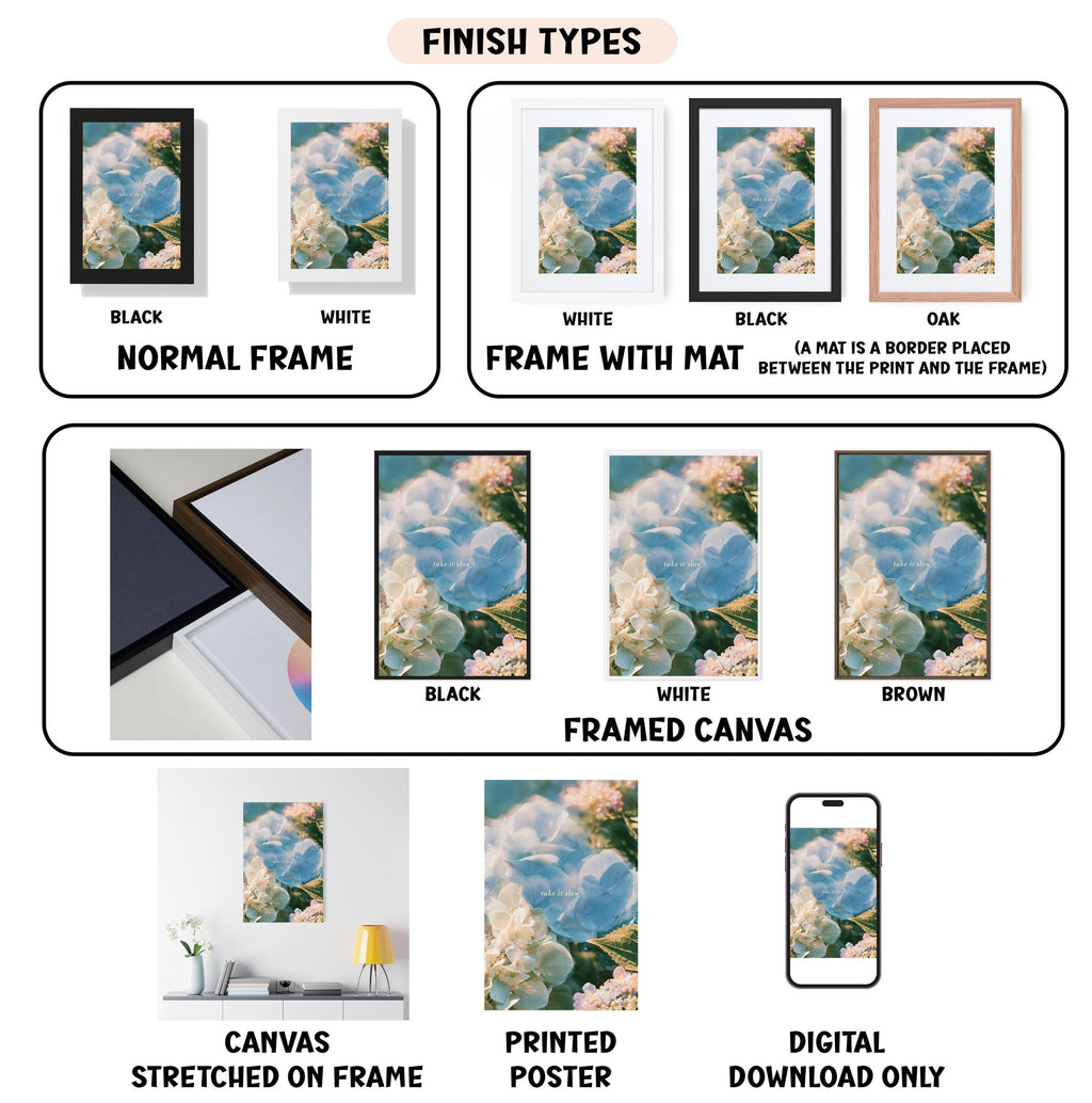 various types of framed artwork, including canvas prints, framed canvases, and printed posters, each with different finishes and mat colors.
