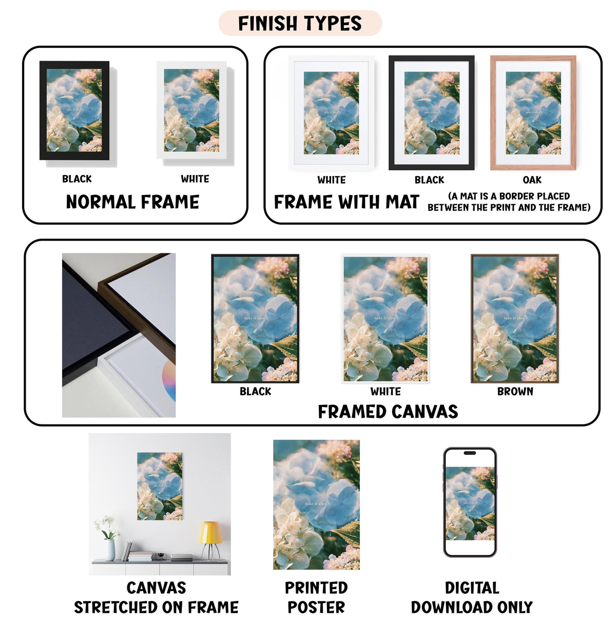 various types of framed artwork, including canvas prints, framed canvases, and printed posters, each with different finishes and mat colors.