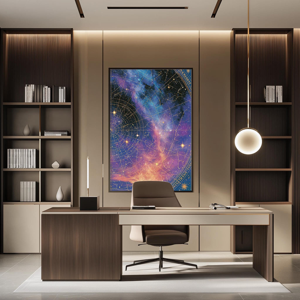 a modern office space with a large, colorful painting of a galaxy hanging on the wall above a desk with a chair.