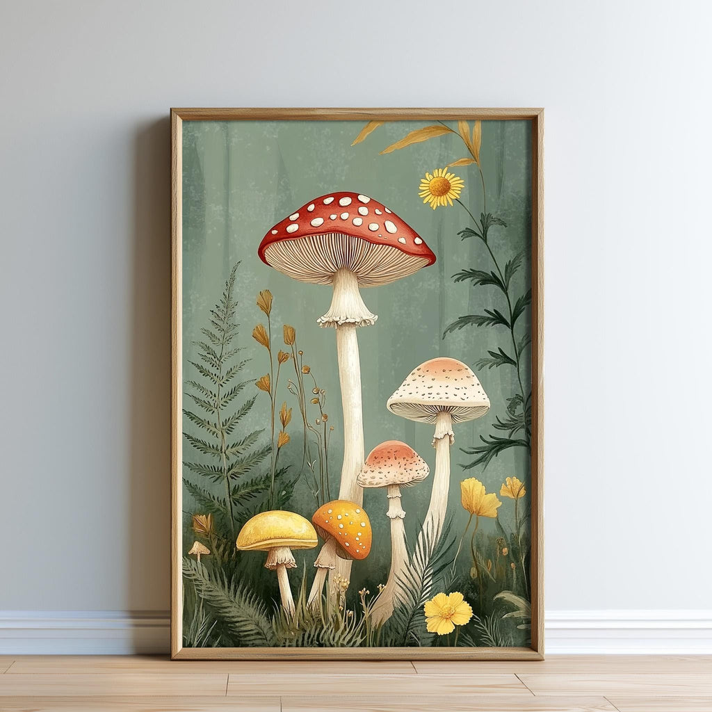 The image is a framed illustration of various mushrooms and flowers, including a red mushroom, a yellow mushroom, and a yellow flower, set against a green background.