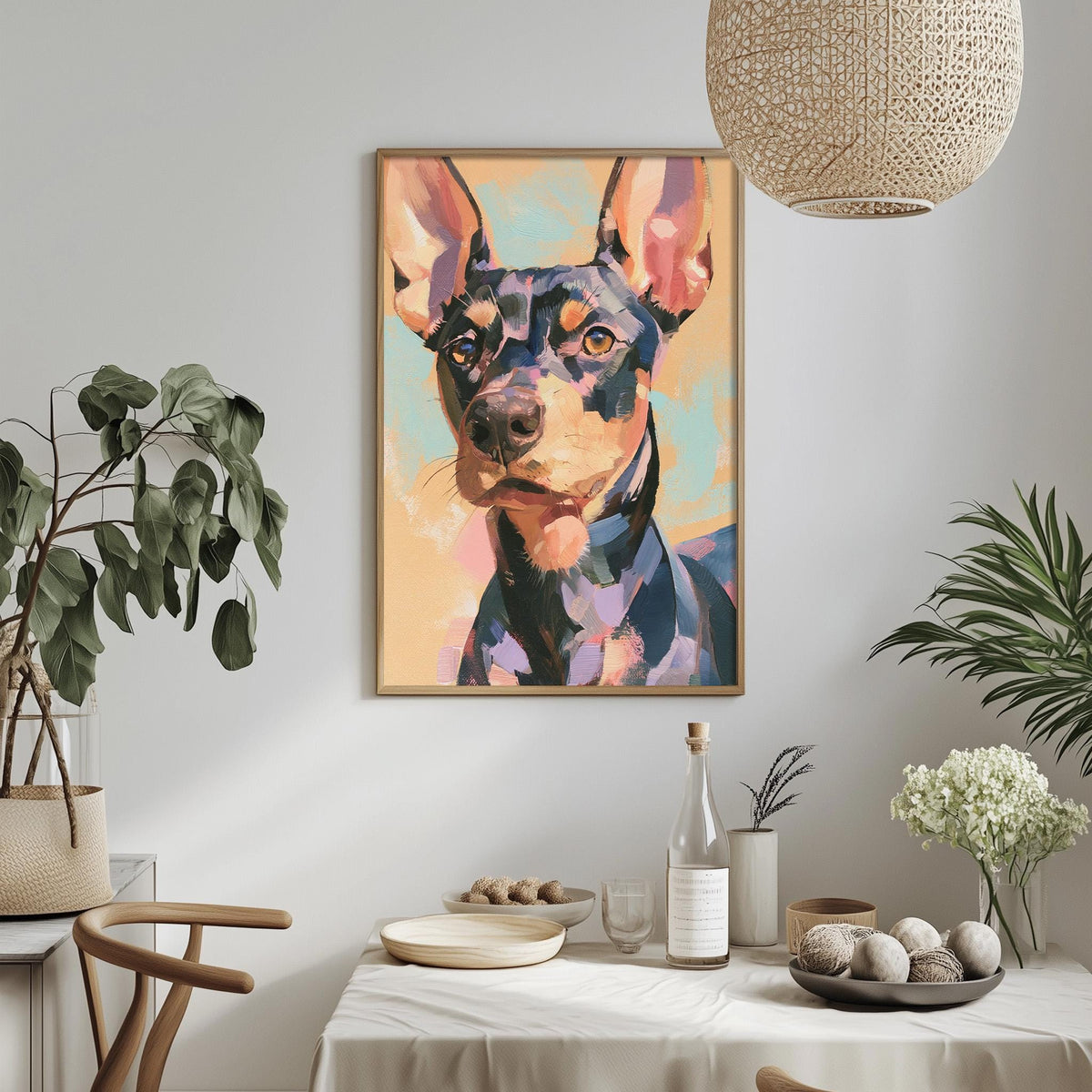 a dining table with a white tablecloth, a bowl of fruit, a bottle, and a vase with flowers. Above the table, there is a framed painting of a dog with a colorful background.