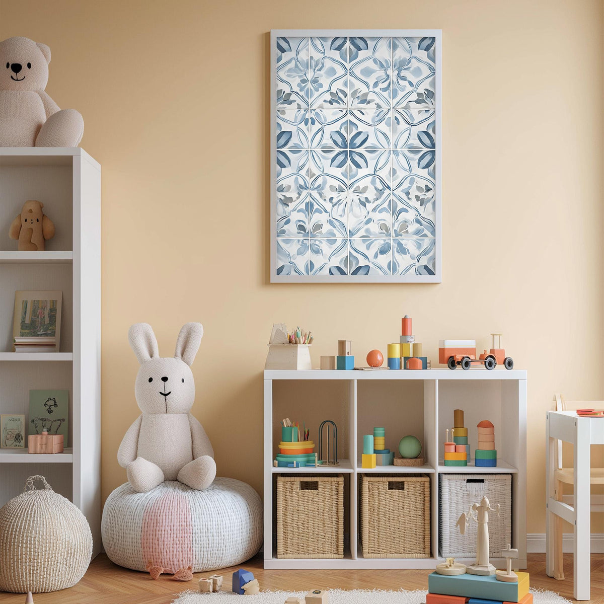 A cozy and colorful children's bedroom with a large white bookshelf, a plush white bunny, and a toy train set. The walls are painted a light peach color, and a blue and white patterned wall hanging adds a touch of whimsy to the space.