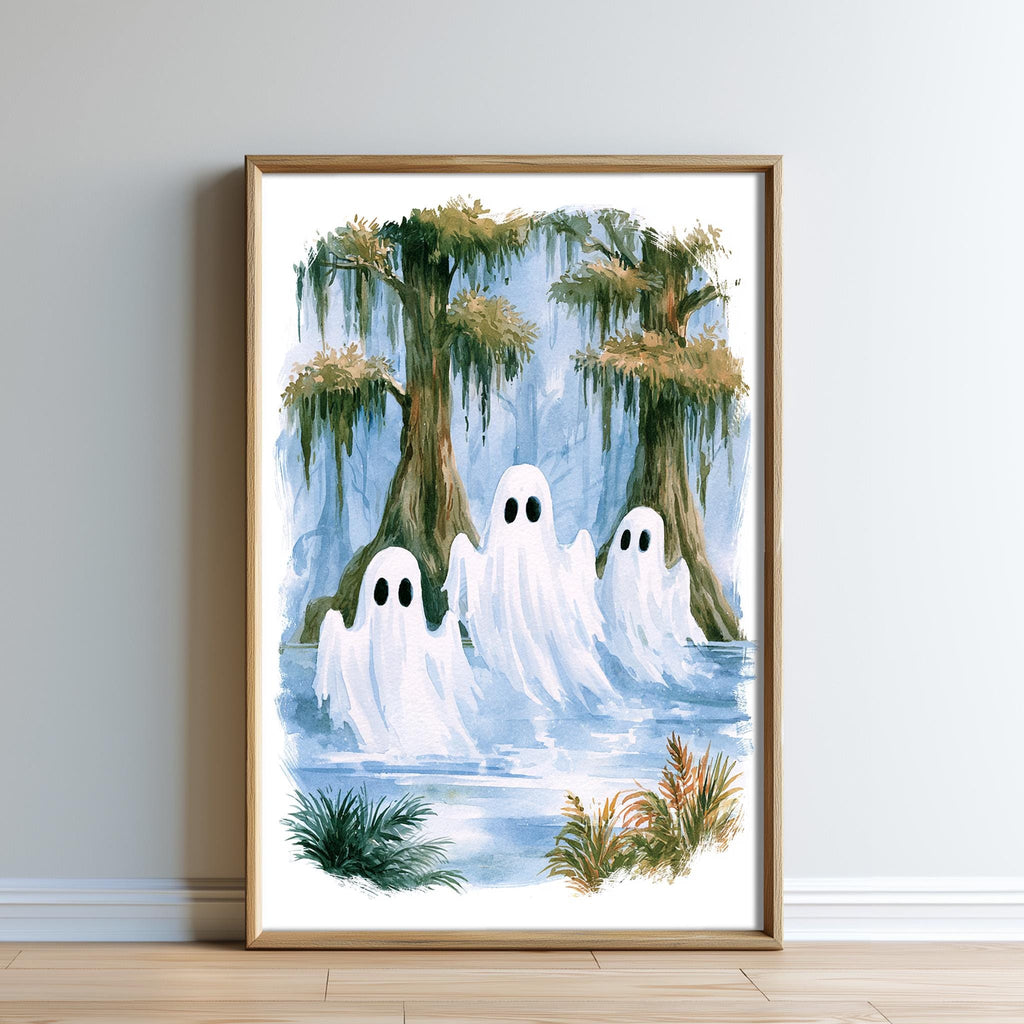 A framed painting depicting three ghostly figures floating in a body of water, surrounded by lush greenery and a swampy environment.