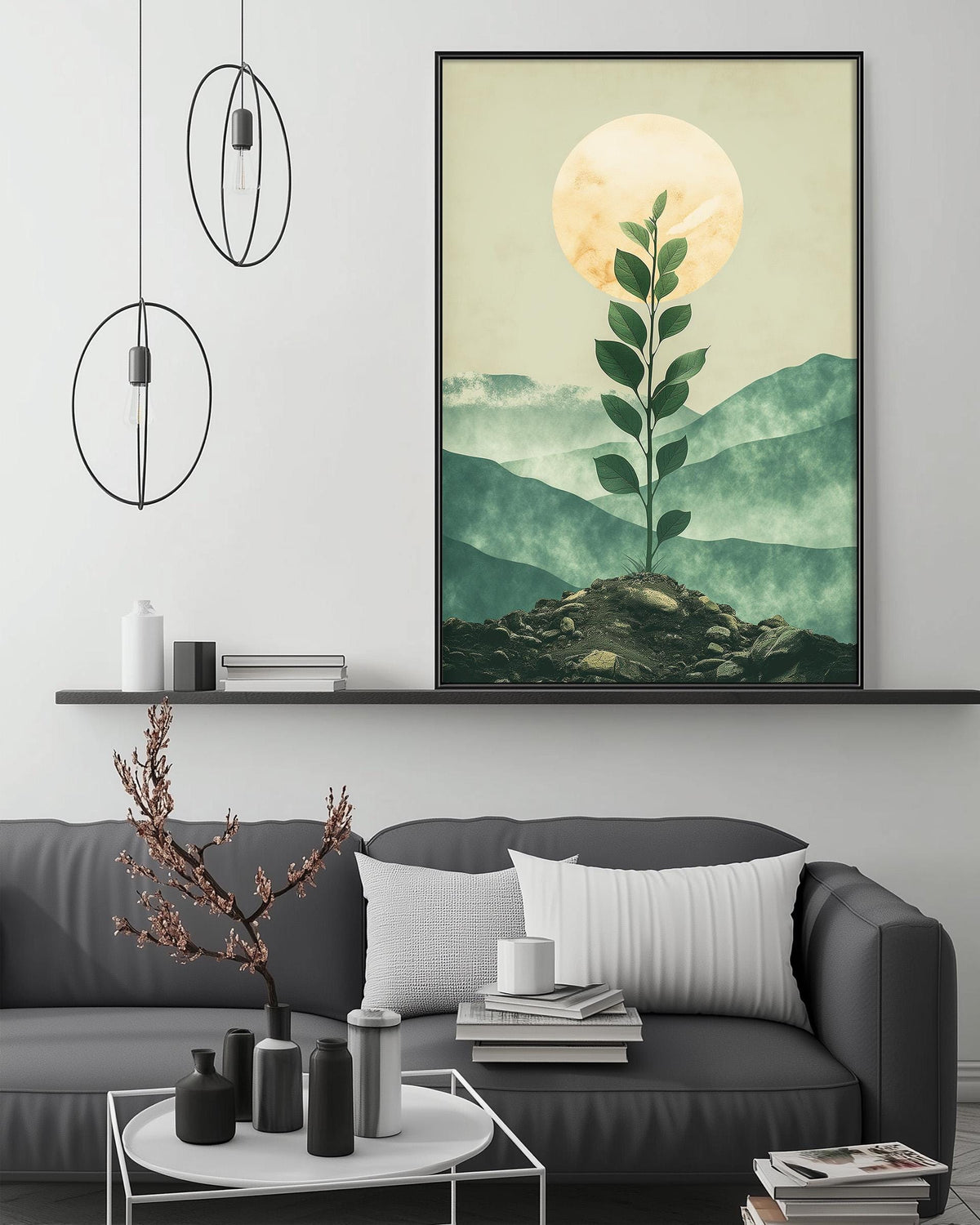 a modern living room with a gray sofa, a coffee table, and a large framed artwork depicting a plant with a yellow sun above it. The artwork is hanging on the wall above the sofa, creating a serene and calming atmosphere in the room.