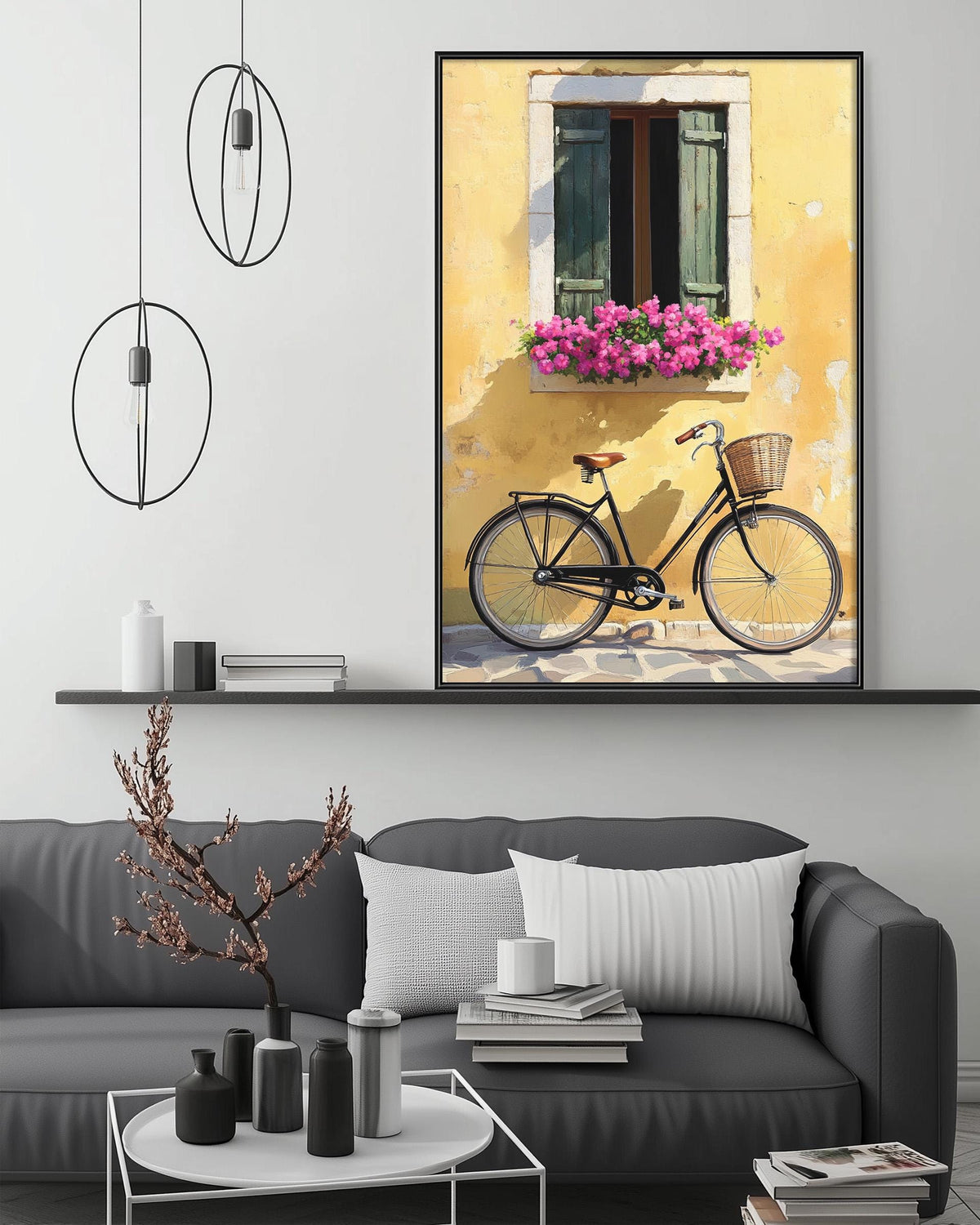 a black bicycle parked in front of a yellow building with a flower box, creating a charming and picturesque scene.
