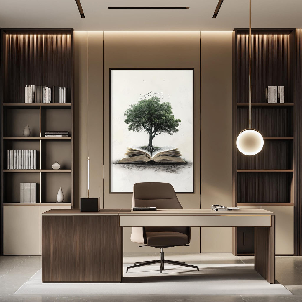 a modern and minimalist office space with a large open book as the focal point. The book is displayed on a wall, surrounded by a minimalist design with wooden shelves and a desk with a chair. The overall aesthetic is clean and uncluttered, with a focus on functionality and simplicity.