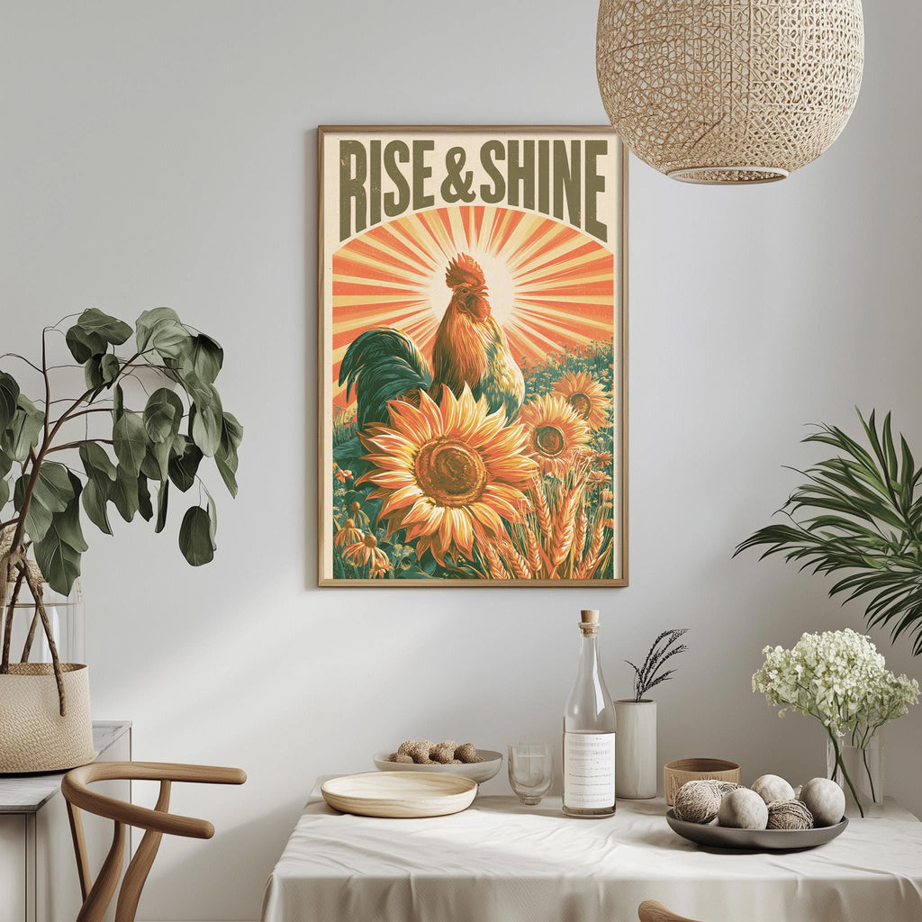 a dining table with a white tablecloth, a bowl of fruit, a bottle, and a vase with flowers. Above the table, there is a framed poster with a rooster and sunflowers, and the words "RISE & SHINE" written on it.