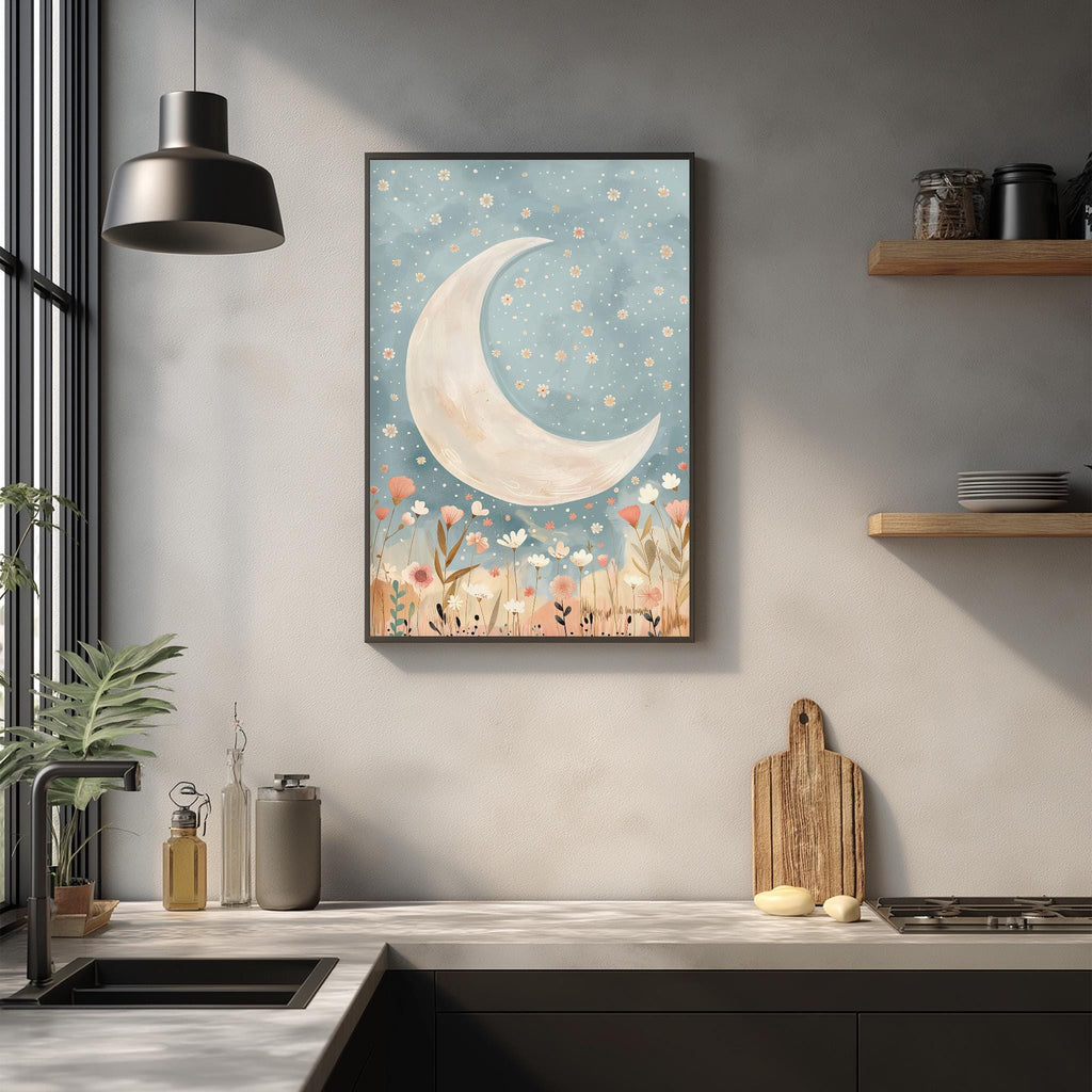 a kitchen counter with a framed painting of a crescent moon and flowers hanging above it. The painting is surrounded by various kitchen items, such as a cutting board, a bottle, and a vase.