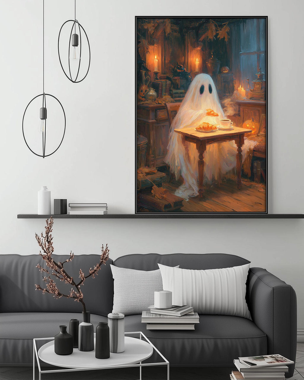 a cozy living room with a large framed painting of a ghost sitting at a table, surrounded by various objects such as books, vases, and a bowl.