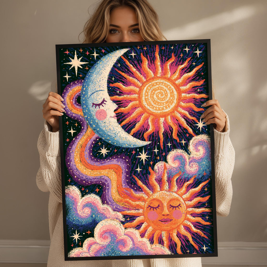 A woman holds up a framed artwork depicting a crescent moon, sun, and clouds against a starry night sky background.