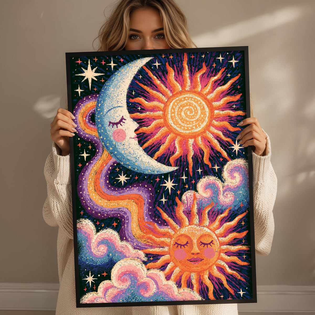 A woman holds up a framed artwork depicting a crescent moon, sun, and clouds against a starry night sky background.