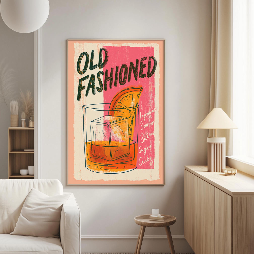a poster of a cocktail glass with an orange slice, hanging on a wall in a living room.