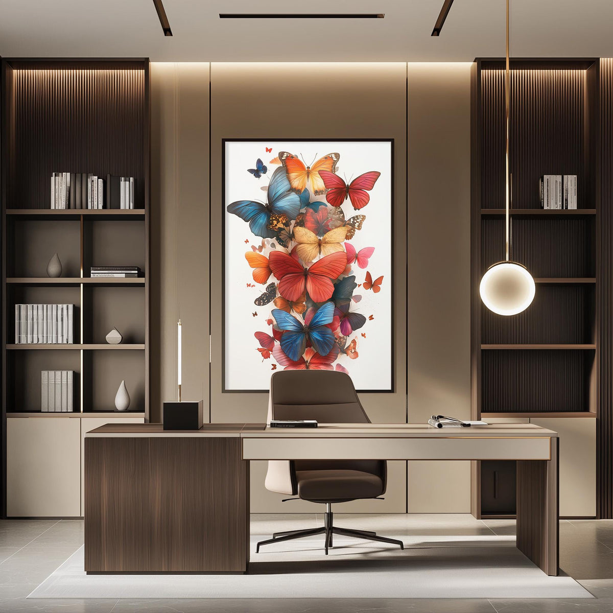 a modern office space with a large, colorful painting of butterflies hanging on the wall. The office features a wooden desk, a comfortable chair, and a bookshelf filled with books. The overall design and decor create a visually appealing and professional atmosphere.