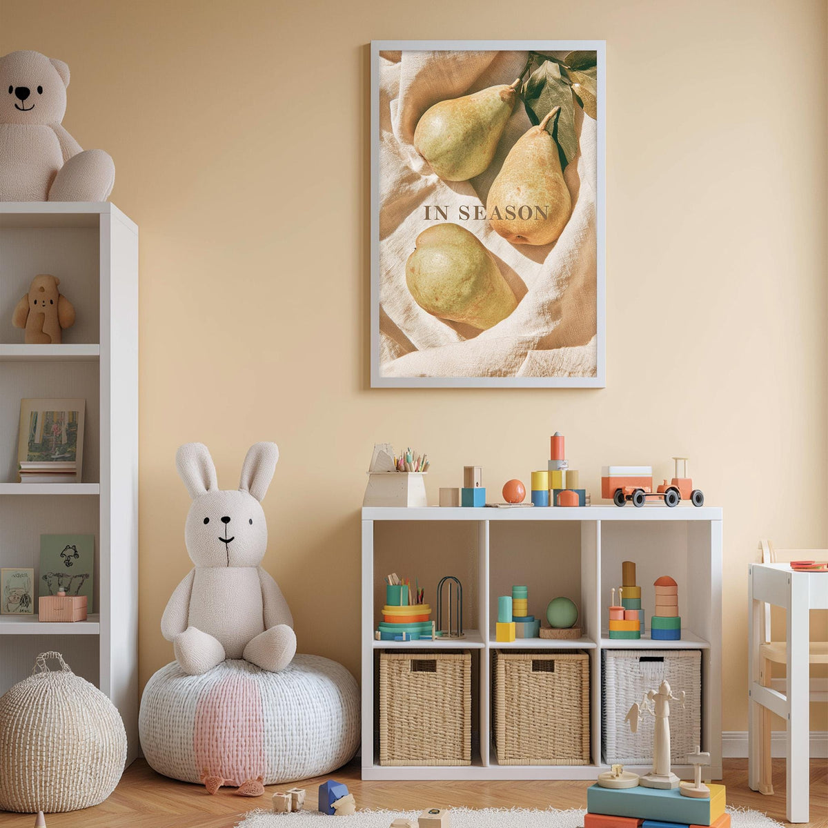A cozy and colorful children's bedroom with a stuffed rabbit, a bookshelf, and a toy chest filled with toys. A framed poster of pears hangs on the wall, and the room has a warm, inviting atmosphere.