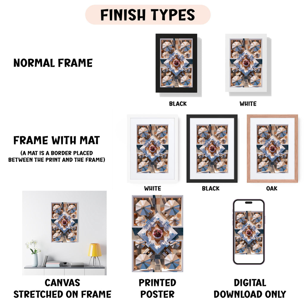 various types of artwork, including a canvas stretched on a frame, a framed poster, and a digital poster. The artwork is presented in different frame colors, such as black, white, and orange. The image also includes a smartphone displaying a poster, and a canvas with a geometric pattern. The text in the image provides information about the artwork, such as the finish types and the materials used.