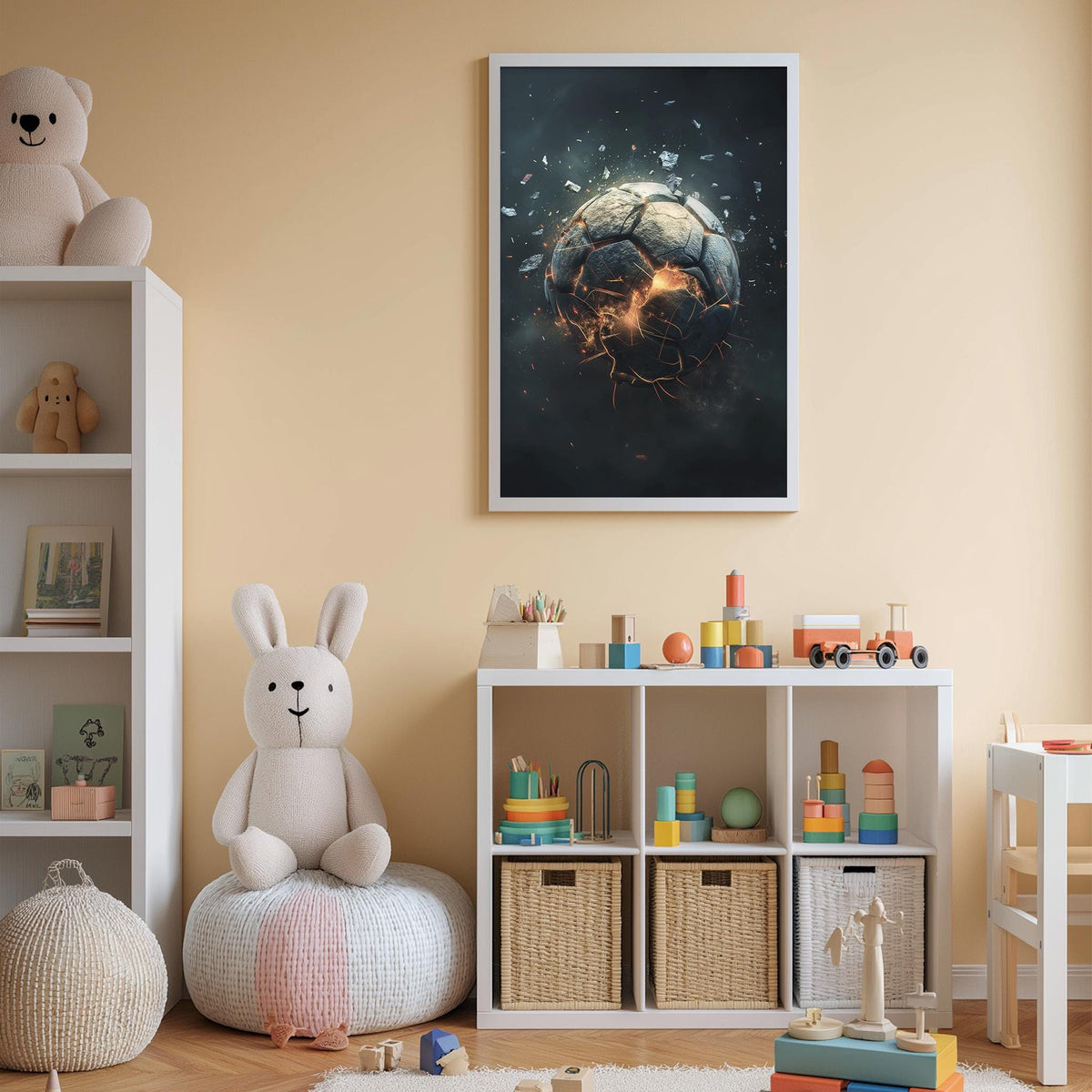 a child's bedroom with a white bookshelf, a stuffed rabbit, a colorful toy box, and a framed artwork of a soccer ball on the wall.
