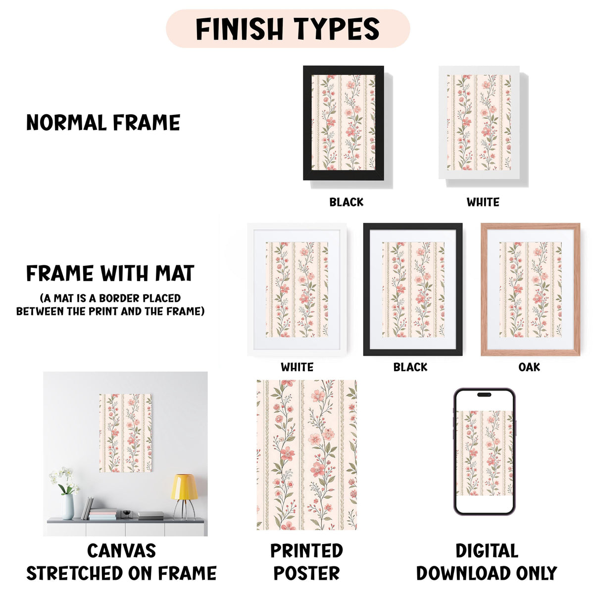 various finish types for framed artwork, including a normal frame, a frame with a mat, a white frame, a black frame, an oak frame, a white canvas stretched on a frame, a printed poster, and a digital download only.