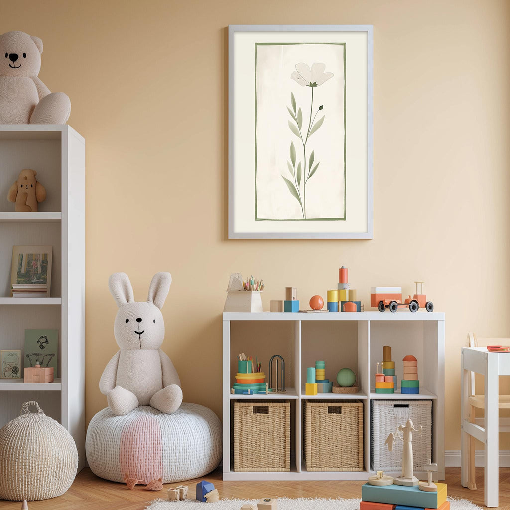 A cozy and colorful children's playroom with a white bookshelf, a plush bunny, and a toy train set. The room has a warm, inviting atmosphere with a framed flower print on the wall and various toys and storage bins.