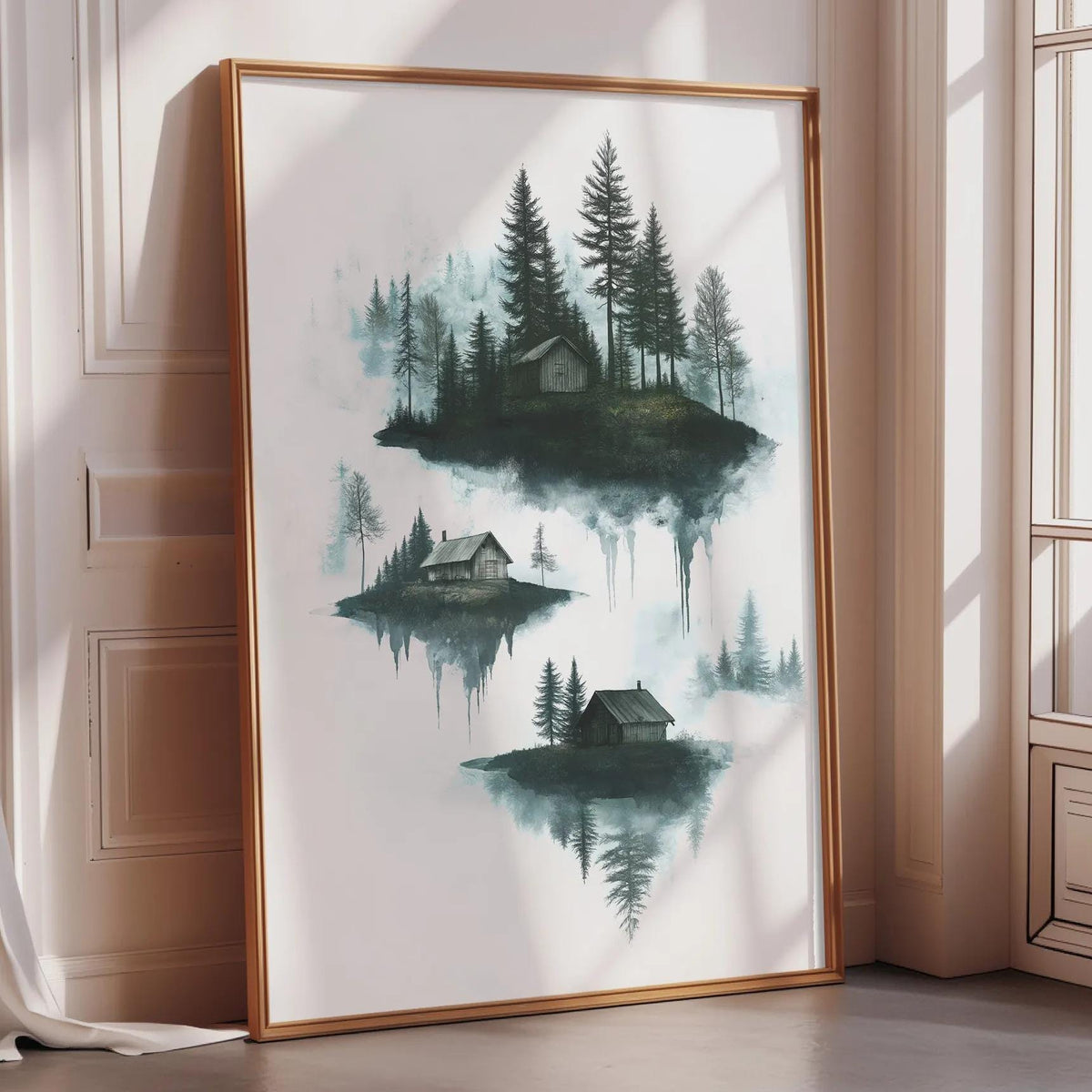 a large framed painting depicting a serene landscape with a forest and a small island in the center, surrounded by water.