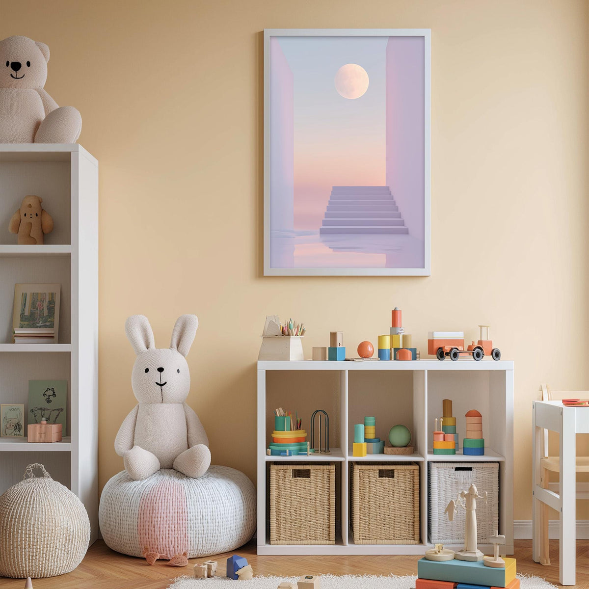 A cozy and colorful children's bedroom with a large stuffed rabbit, shelves filled with toys, and a framed picture of a moonlit landscape.