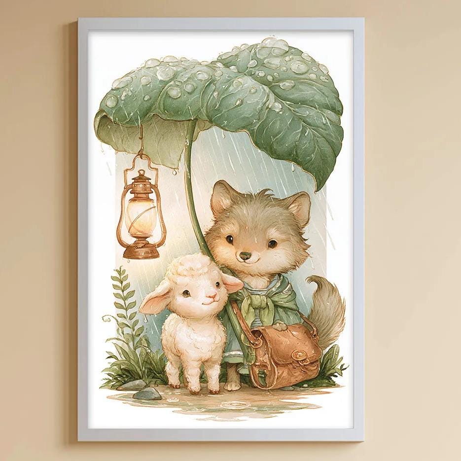 A cozy children's room with a bookshelf, a bean bag chair, and a toy chest filled with toys. A framed illustration of a rabbit, fox, and lamb is hanging on the wall, and there are various toys scattered around the room.