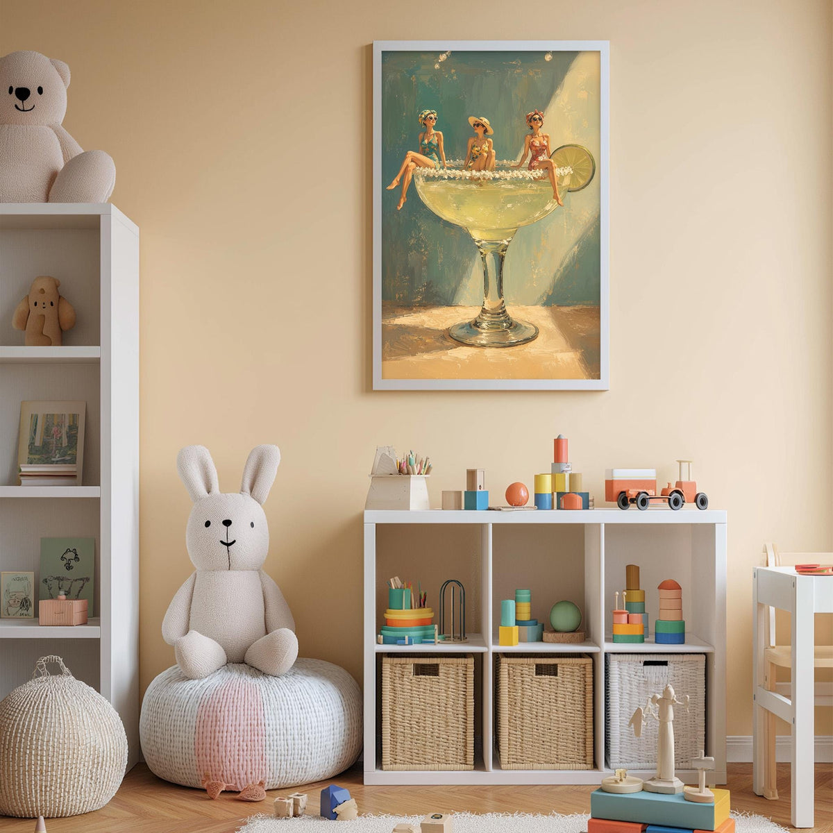 a cozy and well-organized children's room, featuring a large white bookshelf filled with toys, a plush rabbit, and a framed painting of women in a bathtub.