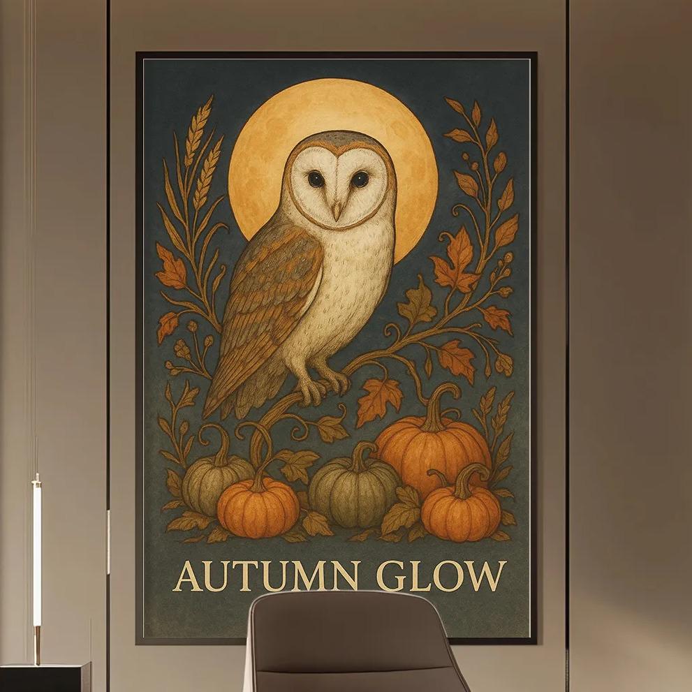 a modern office space with a large framed poster of an owl on the wall, a wooden desk, and a chair.