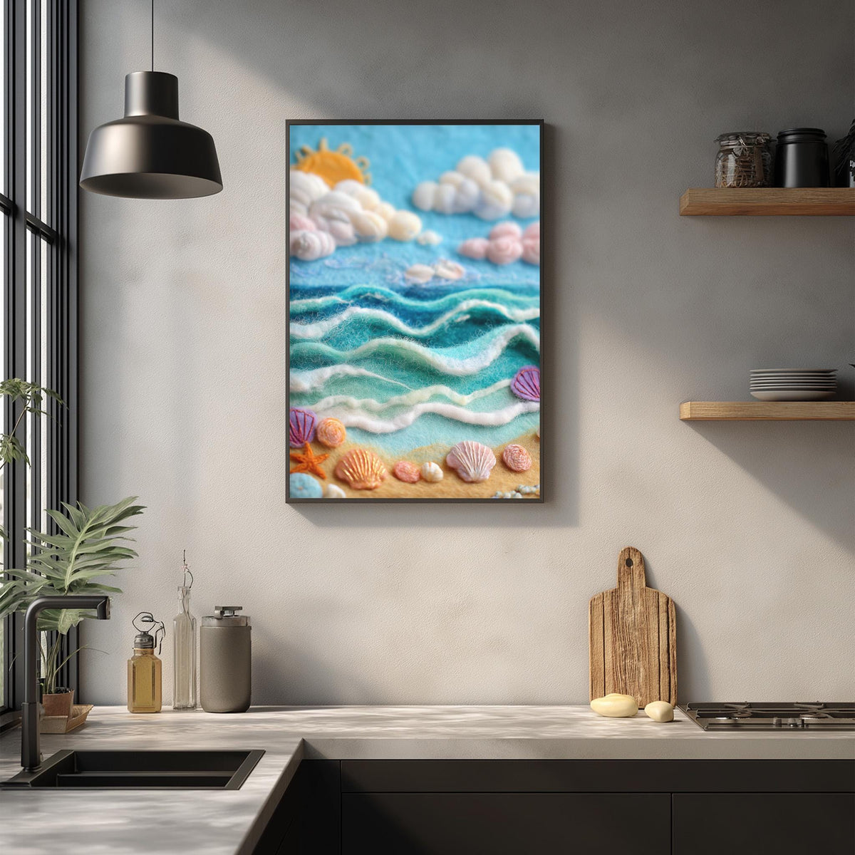 a framed artwork depicting a seascape with a beach scene, including a sandy beach, ocean waves, and colorful seashells. The artwork is hung on a wall above a kitchen counter with various kitchen items and decor.