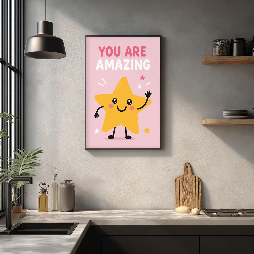 a kitchen counter with a framed poster of a smiling yellow star above it, along with various kitchen items such as a cutting board, a soap dispenser, and a plant.