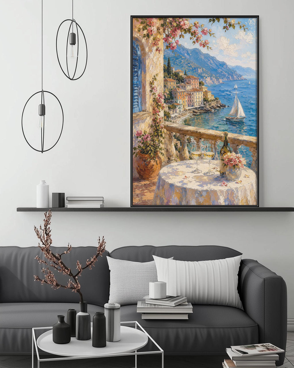 a living room with a large painting of a coastal town with a sailboat on the water, a table with a vase of flowers, and a bookshelf with various decorative items.