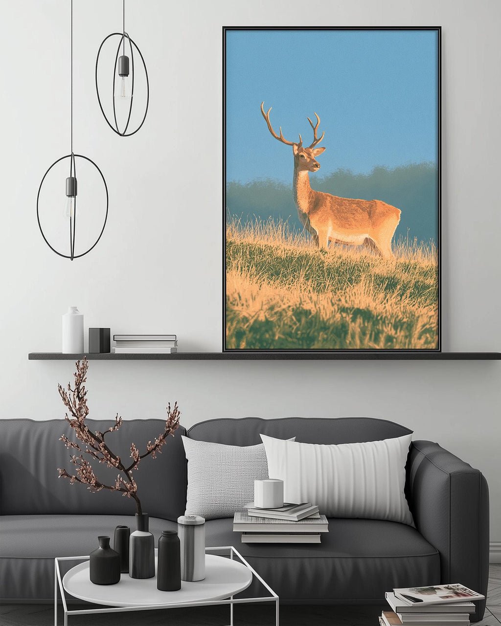 a large framed picture of a deer standing in a grassy field, with a minimalist and modern living room setting in the background.