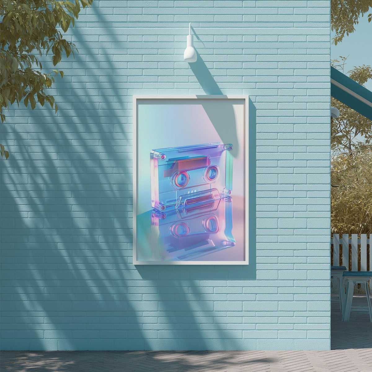 a blue brick wall with a framed poster of a colorful abstract design hanging on it.
