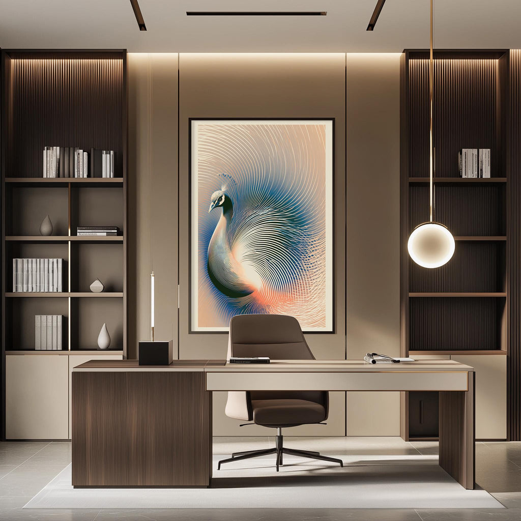a modern and stylish office space with a large abstract painting of a peacock on the wall, a wooden desk with a chair, and built-in bookshelves.