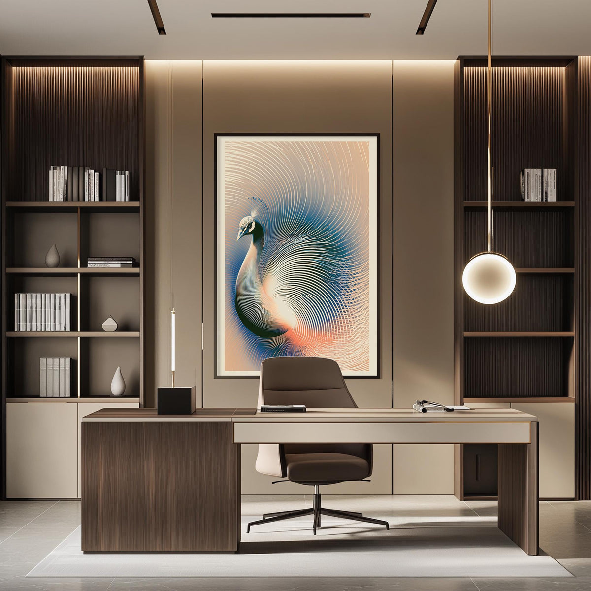 a modern and stylish office space with a large abstract painting of a peacock on the wall, a wooden desk with a chair, and built-in bookshelves.