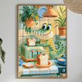 a vibrant and whimsical painting of a green alligator sitting on a kitchen counter, surrounded by various food items and kitchen appliances. The painting is hung on a white wall above a dining table, which is set with plates, bowls, and other tableware. The room is decorated with potted plants and other home decor items, creating a cozy and inviting atmosphere.