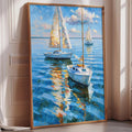 A framed painting depicting two sailboats on the water, with a bright blue sky and fluffy clouds in the background.