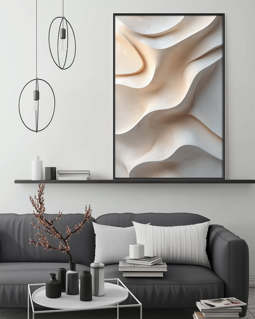 a modern living room with a gray sofa, a coffee table, and a large abstract painting hanging on the wall above the sofa.
