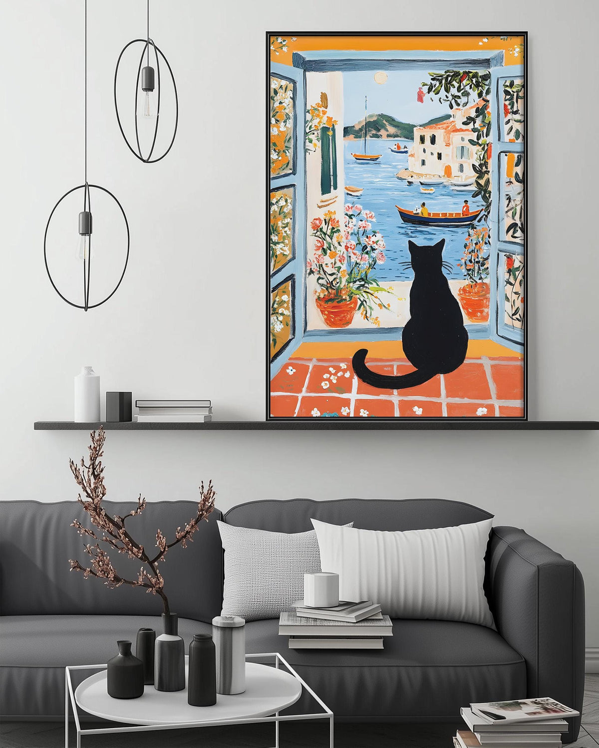 a black cat sitting on a couch, looking out a window with a view of a boat on the water.