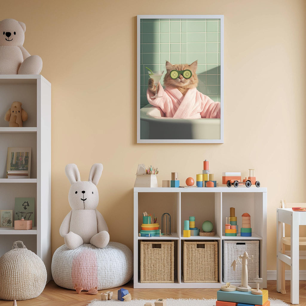 A cozy children's room with a teddy bear, a stuffed rabbit, and a framed picture of a cat wearing a pink robe and glasses. The room also contains shelves with toys and storage bins.