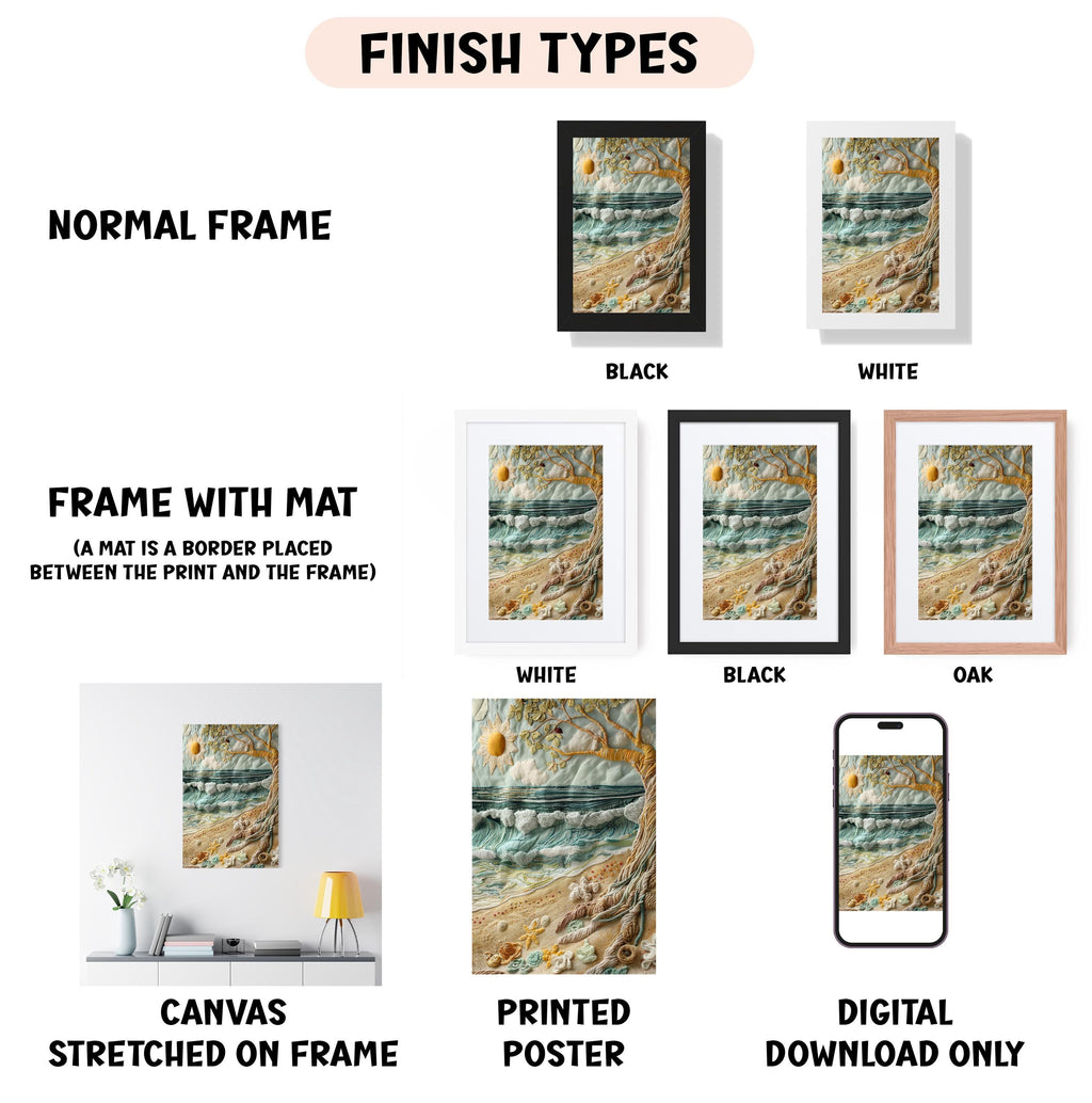 various types of artwork, including a normal frame, a frame with a mat, a white frame, a black frame, a white frame, a black frame, an oak frame, a canvas stretched on a frame, a printed poster, and a digital download only.