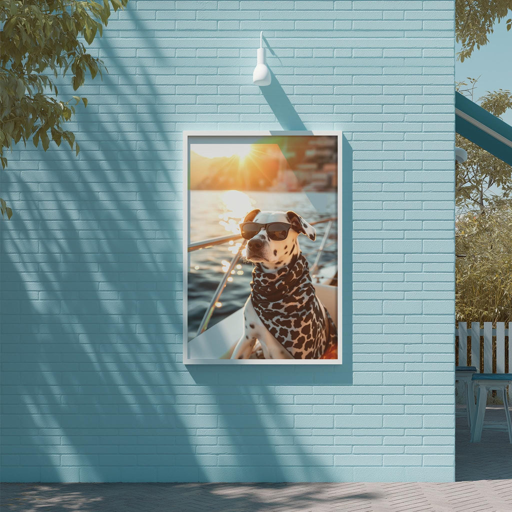 A dog wearing sunglasses is sitting on a boat in the ocean, with a blue building and trees in the background.