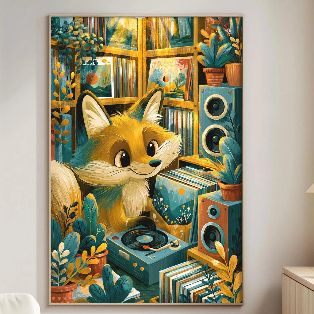 a cozy living room with a large, colorful painting of a fox sitting amidst a variety of objects, including a record player, books, and plants.